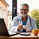 **A doctor's consultation via video call:** A friendly doctor in a modern office setting is video calling with a patient. The patient is relaxed at home, holding a cup of tea. Sunlight streams through the window. Focus on conveying trust and convenience. "Telemedizin Beratung, bequem von zu Hause aus" overlayed in a clean font. German street sign visible outside the window.