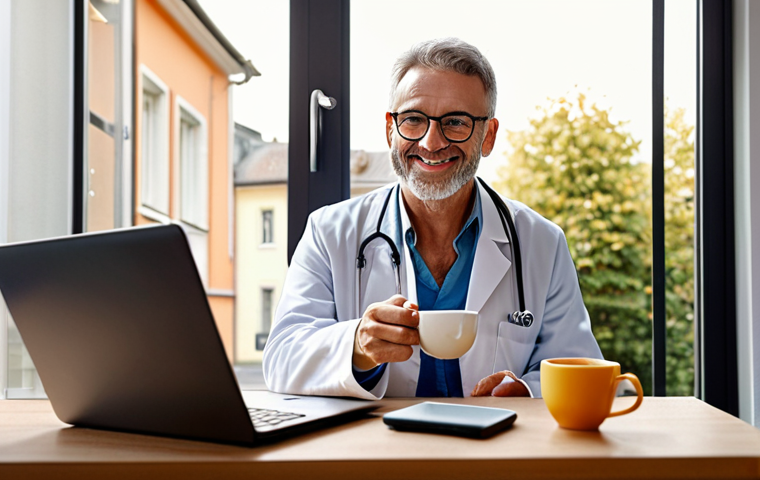 **A doctor's consultation via video call:** A friendly doctor in a modern office setting is video calling with a patient. The patient is relaxed at home, holding a cup of tea. Sunlight streams through the window. Focus on conveying trust and convenience. "Telemedizin Beratung, bequem von zu Hause aus" overlayed in a clean font. German street sign visible outside the window.