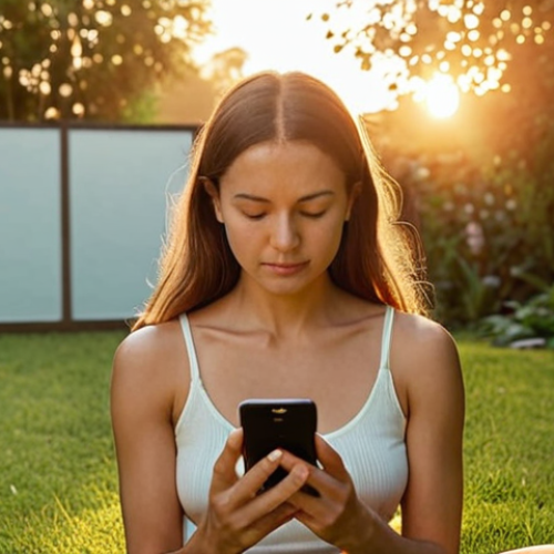 **

A serene woman meditating outdoors at sunrise, using the Headspace app on her phone. Soft, golden light illuminates her face as she sits in a peaceful garden. In the background, the Headspace app interface is subtly visible on the phone screen. The overall mood is calm, focused, and promoting mental well-being. Colors should be warm and inviting.

**