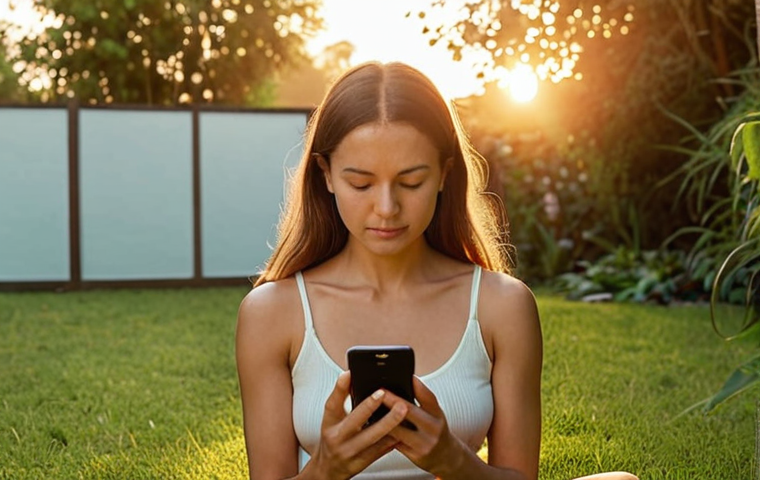 **

A serene woman meditating outdoors at sunrise, using the Headspace app on her phone. Soft, golden light illuminates her face as she sits in a peaceful garden. In the background, the Headspace app interface is subtly visible on the phone screen. The overall mood is calm, focused, and promoting mental well-being. Colors should be warm and inviting.

**