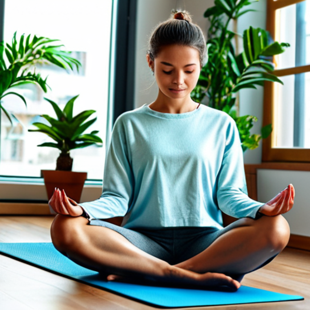 Mindfulness in a Digital World**
A young woman in a cozy, modern apartment, wearing comfortable clothing, is sitting cross-legged on a yoga mat with a smartphone displaying a mindfulness app. Soft, natural light streams through the window. In the background, houseplants add a touch of nature to the scene. Safe for work, appropriate content, fully clothed, modest clothing, professional photography, perfect anatomy, correct proportions, natural pose, high quality.
**