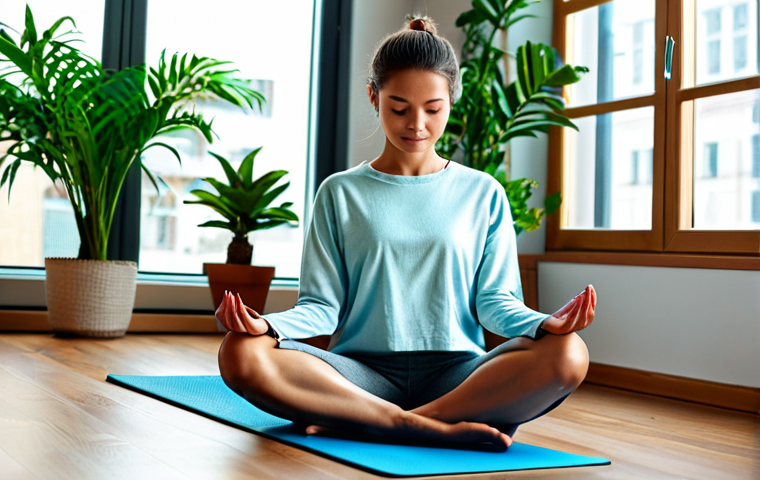 Mindfulness in a Digital World**

A young woman in a cozy, modern apartment, wearing comfortable clothing, is sitting cross-legged on a yoga mat with a smartphone displaying a mindfulness app. Soft, natural light streams through the window. In the background, houseplants add a touch of nature to the scene. Safe for work, appropriate content, fully clothed, modest clothing, professional photography, perfect anatomy, correct proportions, natural pose, high quality.

**