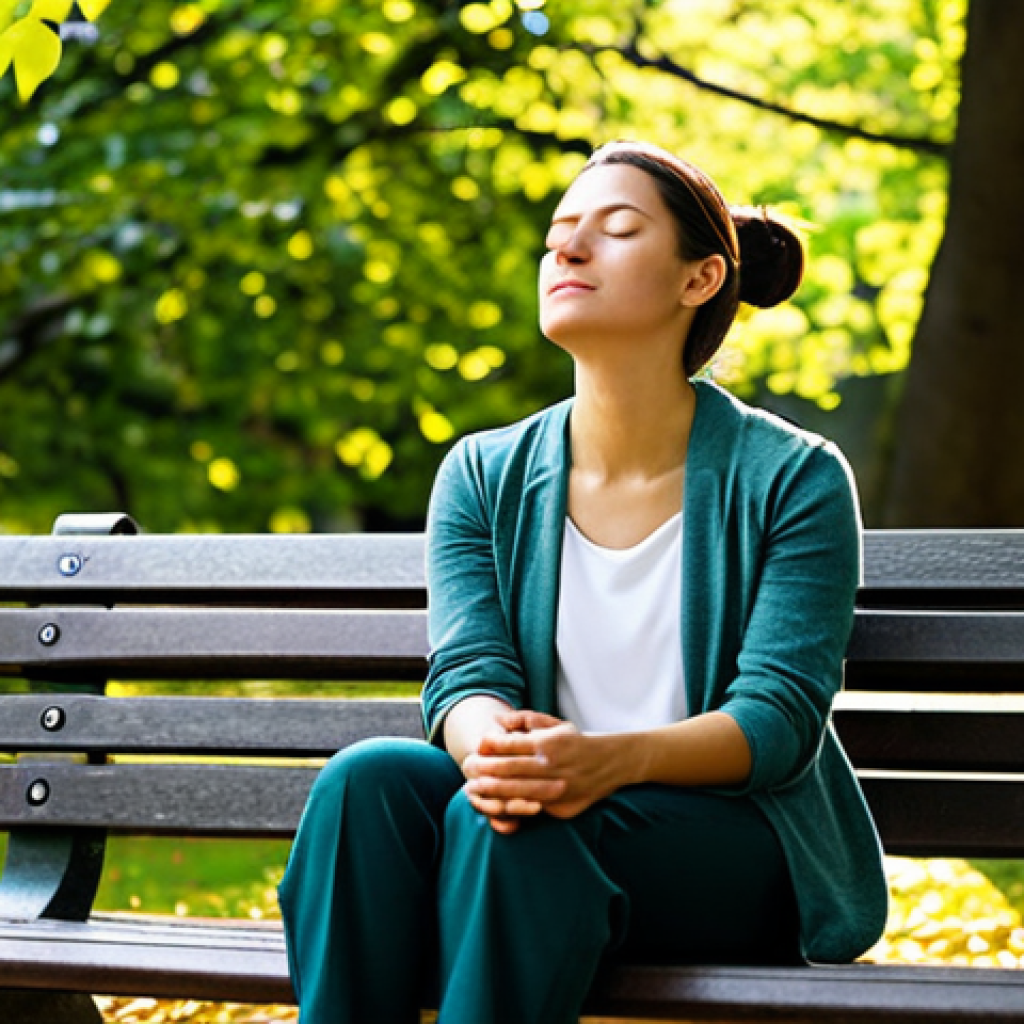 테크노웰빙 서비스 사용자 경험 개선 방법 - **Mindful Break:** A woman in comfortable, professional clothing sitting on a park bench, eyes close...