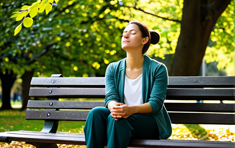 테크노웰빙 서비스 사용자 경험 개선 방법 - **Mindful Break:** A woman in comfortable, professional clothing sitting on a park bench, eyes close...