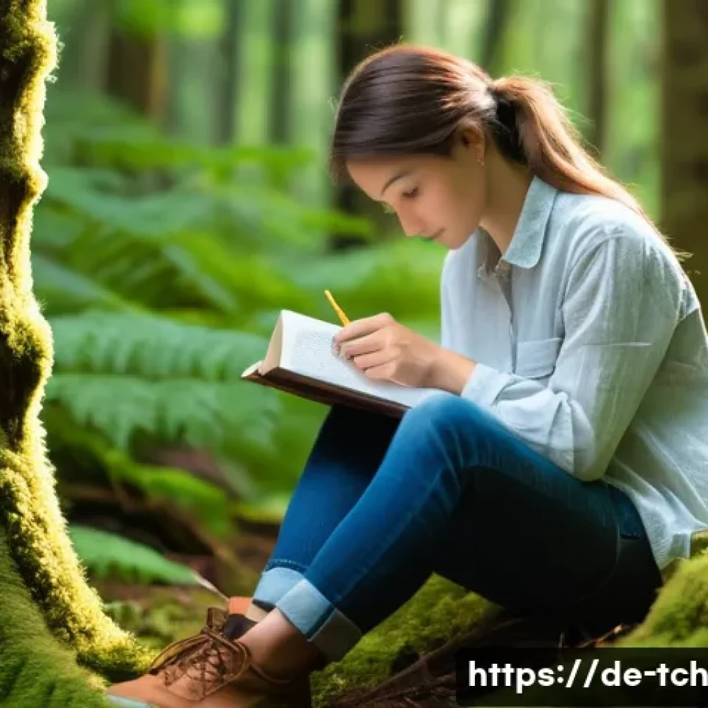 디지털 창의성과 테크노웰빙의 관계 - Tranquil Digital Detox in Nature**
**Prompt:** A young adult, dressed in comfortable, modest clothi...