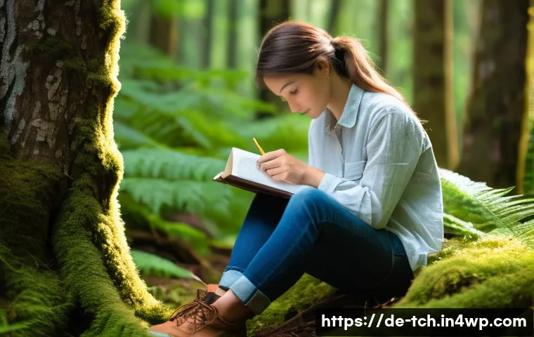 디지털 창의성과 테크노웰빙의 관계 - Tranquil Digital Detox in Nature**
**Prompt:** A young adult, dressed in comfortable, modest clothi...