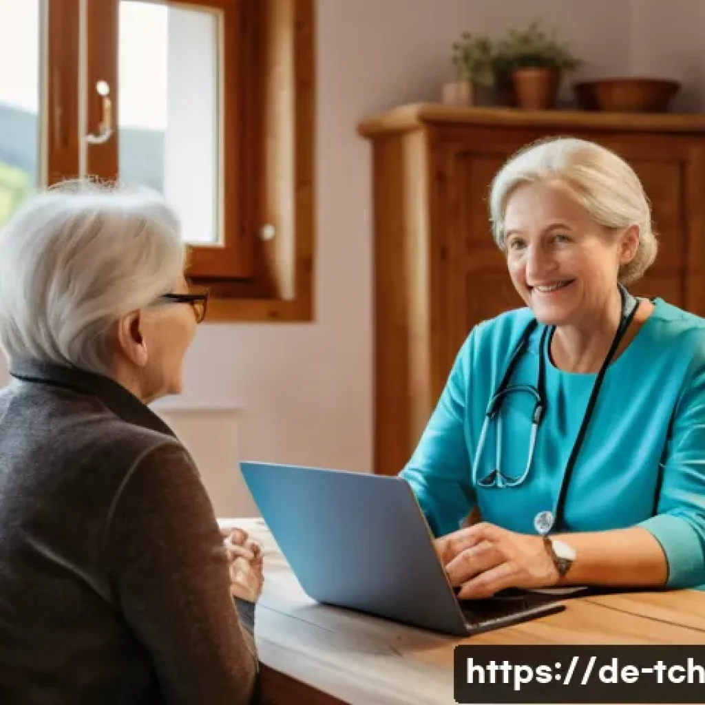 디지털 헬스케어의 장단점 - A modern telemedicine consultation scene set in a cozy rural German home, showing a middle-aged man ...