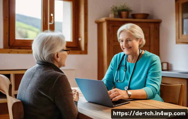 디지털 헬스케어의 장단점 - A modern telemedicine consultation scene set in a cozy rural German home, showing a middle-aged man ...
