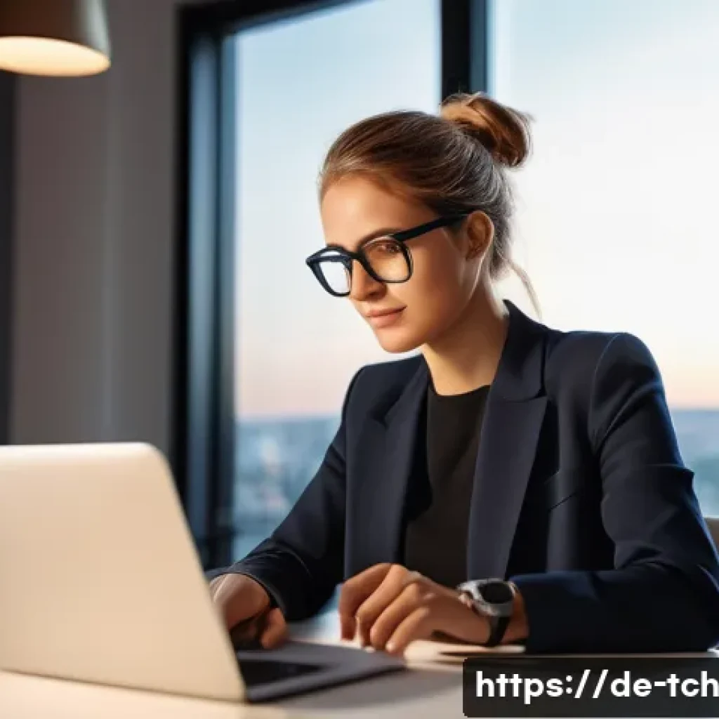 전문가가 추천하는 테크노웰빙 플랫폼 - A modern, cozy German home office scene featuring a young professional woman using a sleek smartwatc...