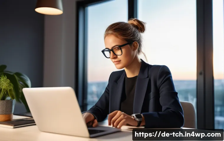 전문가가 추천하는 테크노웰빙 플랫폼 - A modern, cozy German home office scene featuring a young professional woman using a sleek smartwatc...
