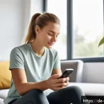 테크노웰빙과 피트니스 기술 - A modern young German woman using a smartwatch and a smartphone app to track her health data at home...