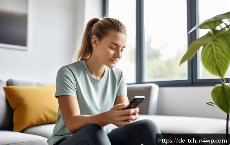 테크노웰빙과 피트니스 기술 - A modern young German woman using a smartwatch and a smartphone app to track her health data at home...