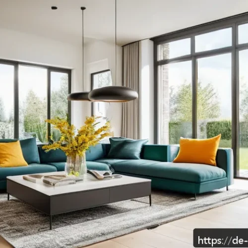 스마트 헬스케어와 테크노웰빙의 관계 - A modern German living room scene showcasing a smart home eco