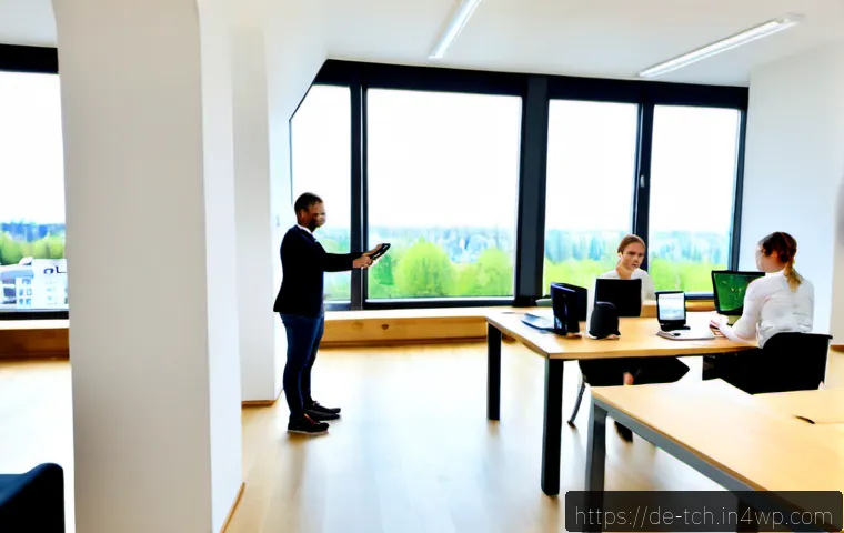 Home 17 성공적인 테크노웰빙 캠페인 사례 - Photorealistic successful workplace tech-wellness campaign in a modern German office, diverse adult ...